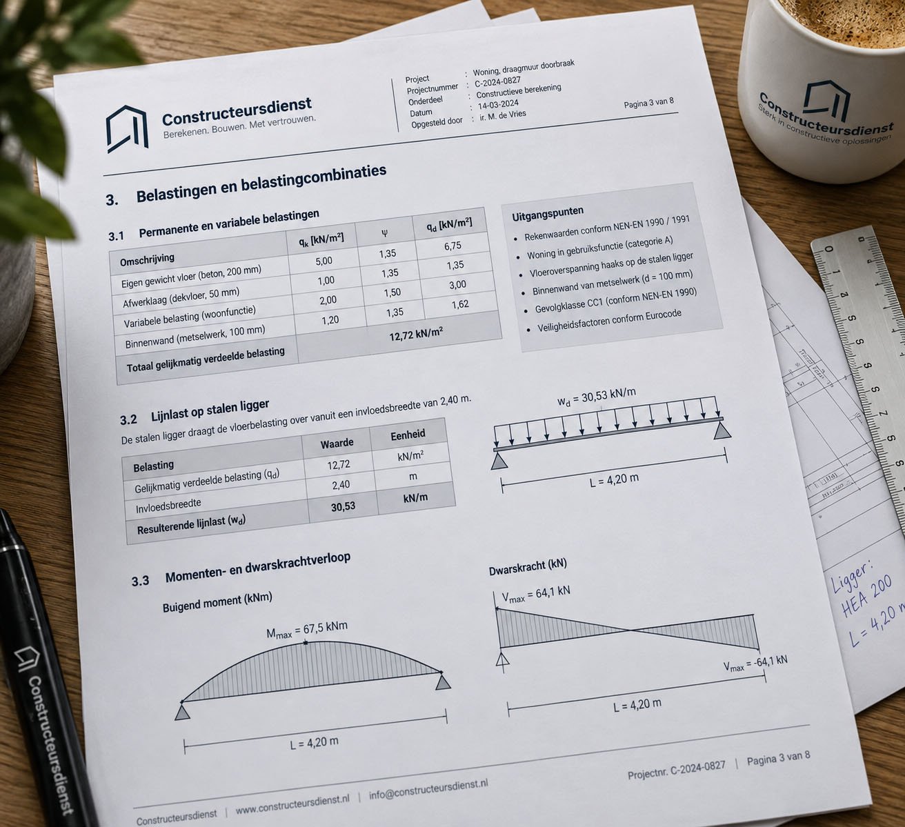 Kantoor van Constructeursdienst met een constructieberekening op bureautafel