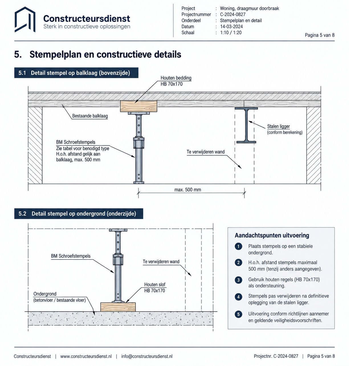 Stempelplan met berekening van de constructie van een draagmuur