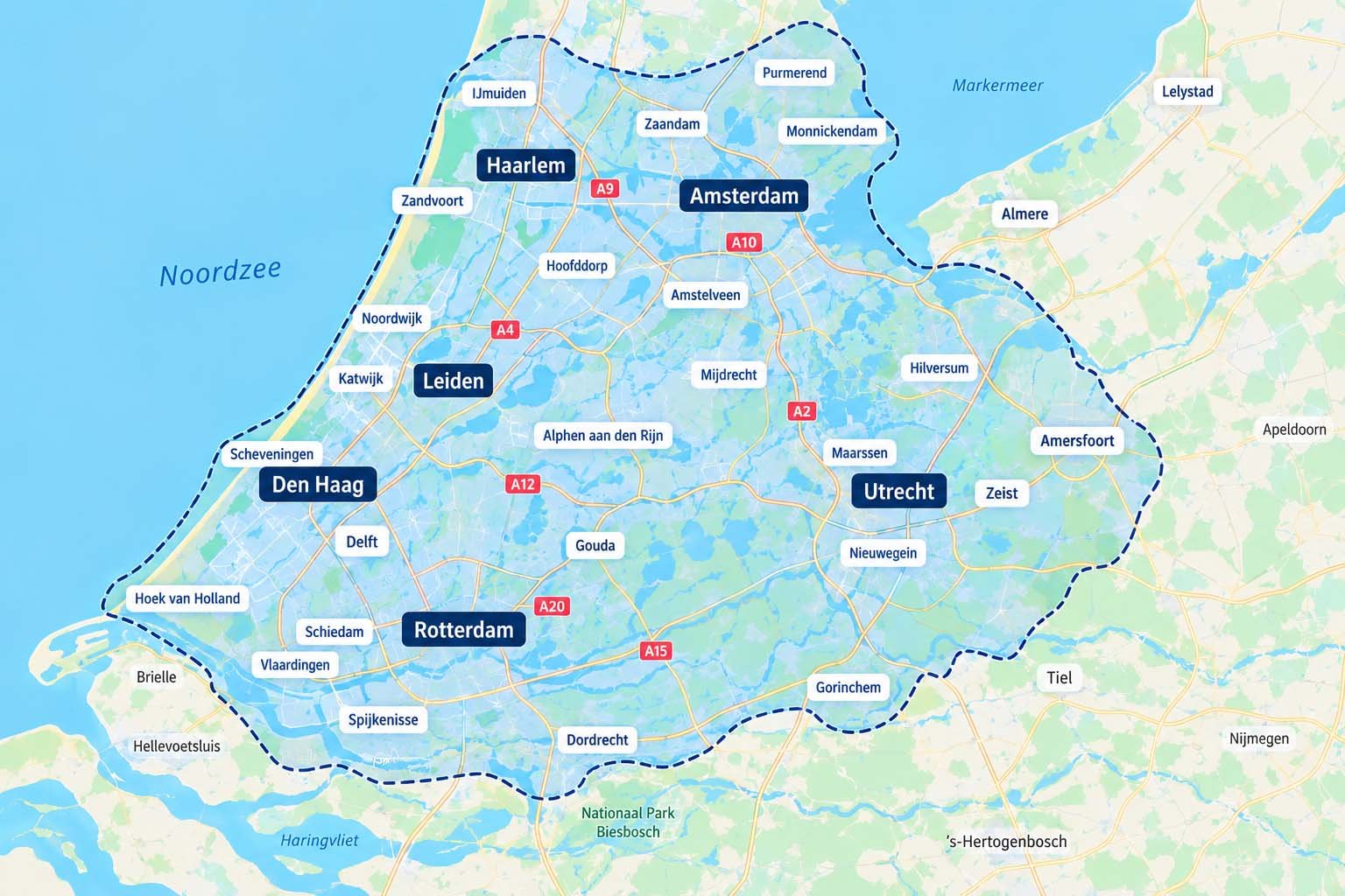 Werkgebied van de Constructeursdienst in de Randstad