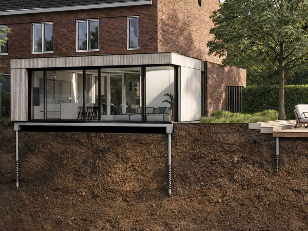 Aanbouw met schroefpalen in de grond